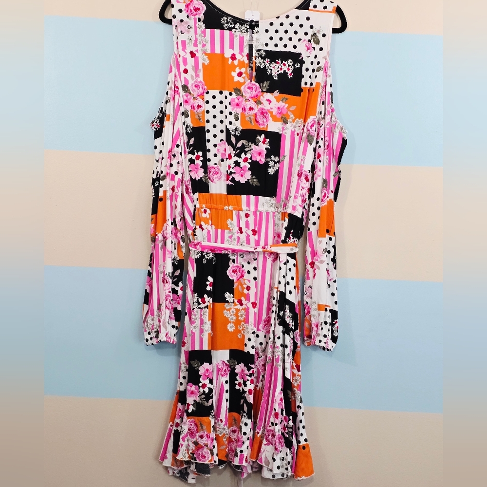 NWT Cato Multicolor Polka-dot Floral Patchwork Cold Shoulder Dress - Picture 6 of 10